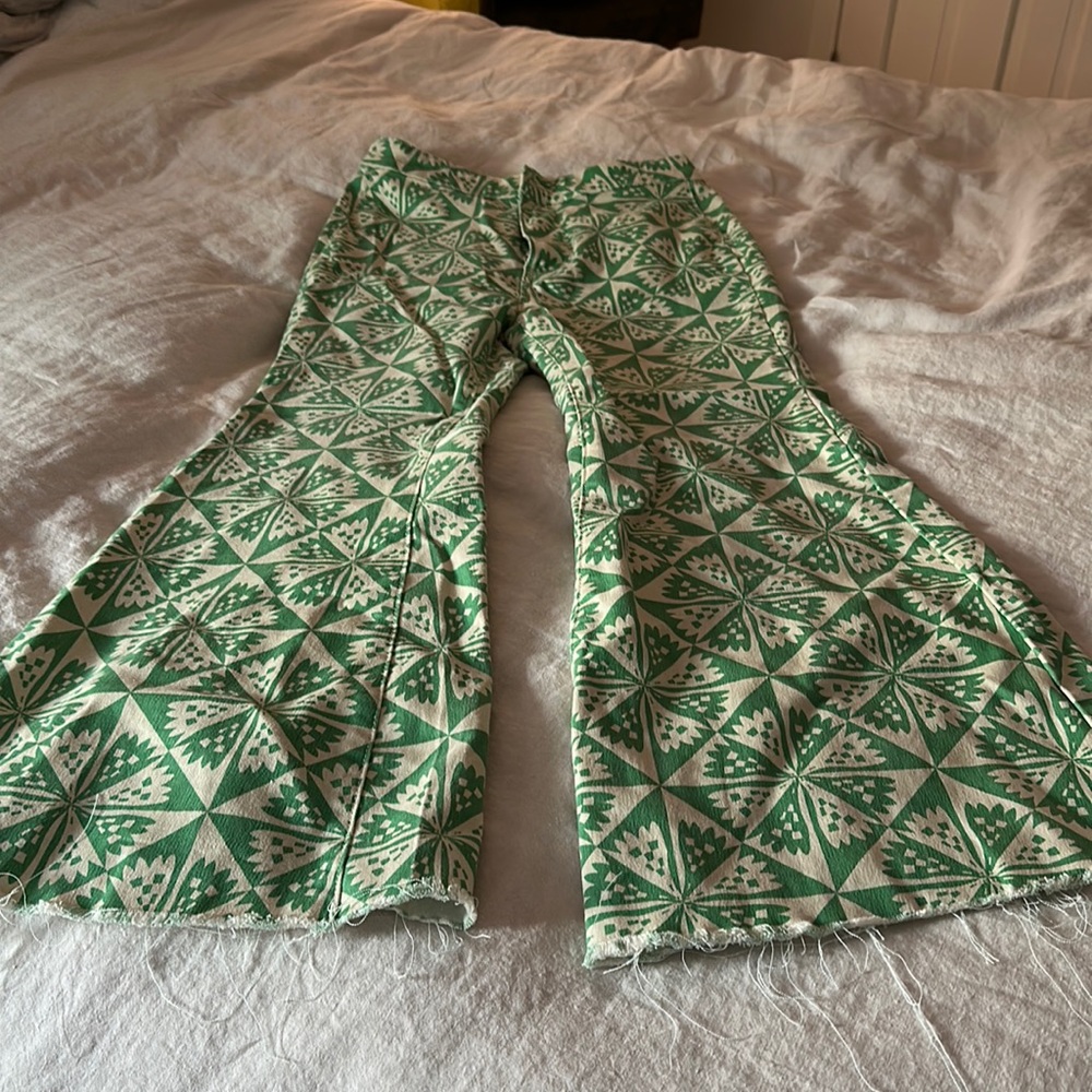 Free People Green Patterned Bell Bottoms
